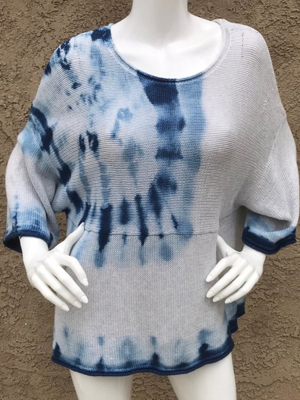 J. Jill Tie Dye Sweater Kimono Cashmere Cotton XS Blue White Boho Lagenlook